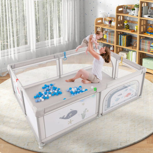 Large Baby Playpen with Pull Rings Ocean Balls and Cute Pattern-Penguin W2B