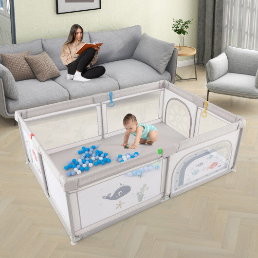 Large Baby Playpen with Pull Rings Ocean Balls and Cute Pattern-Penguin W2B