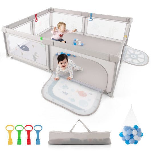 Large Baby Playpen with Pull Rings Ocean Balls and Cute Pattern-Penguin W2B