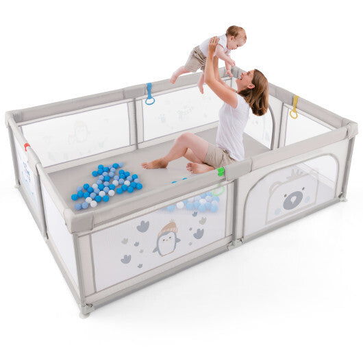 Large Baby Playpen with Pull Rings Ocean Balls and Cute Pattern-Penguin W2B
