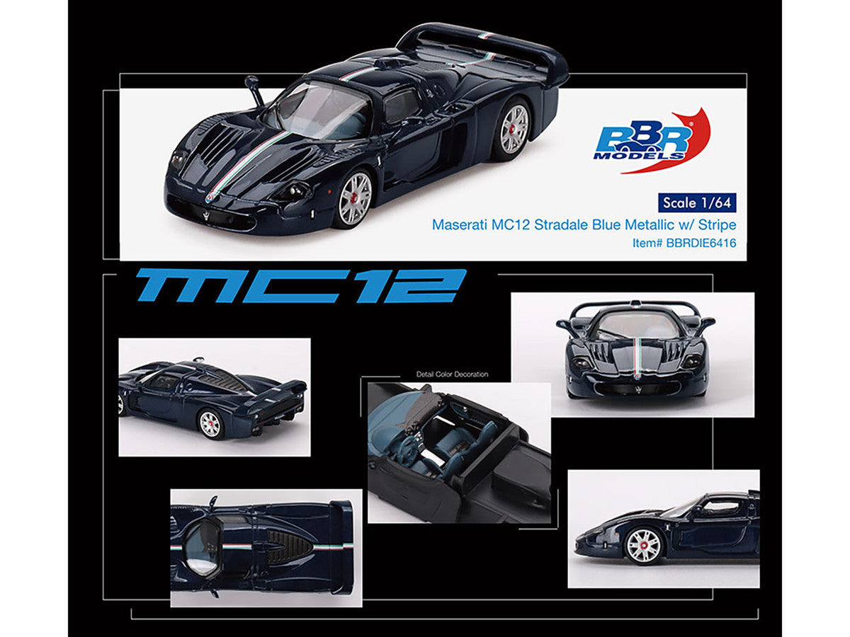 Maserati MC12 Stradale Blue Metallic with White Stripe 1/64 Diecast Model Car by BBR BBR