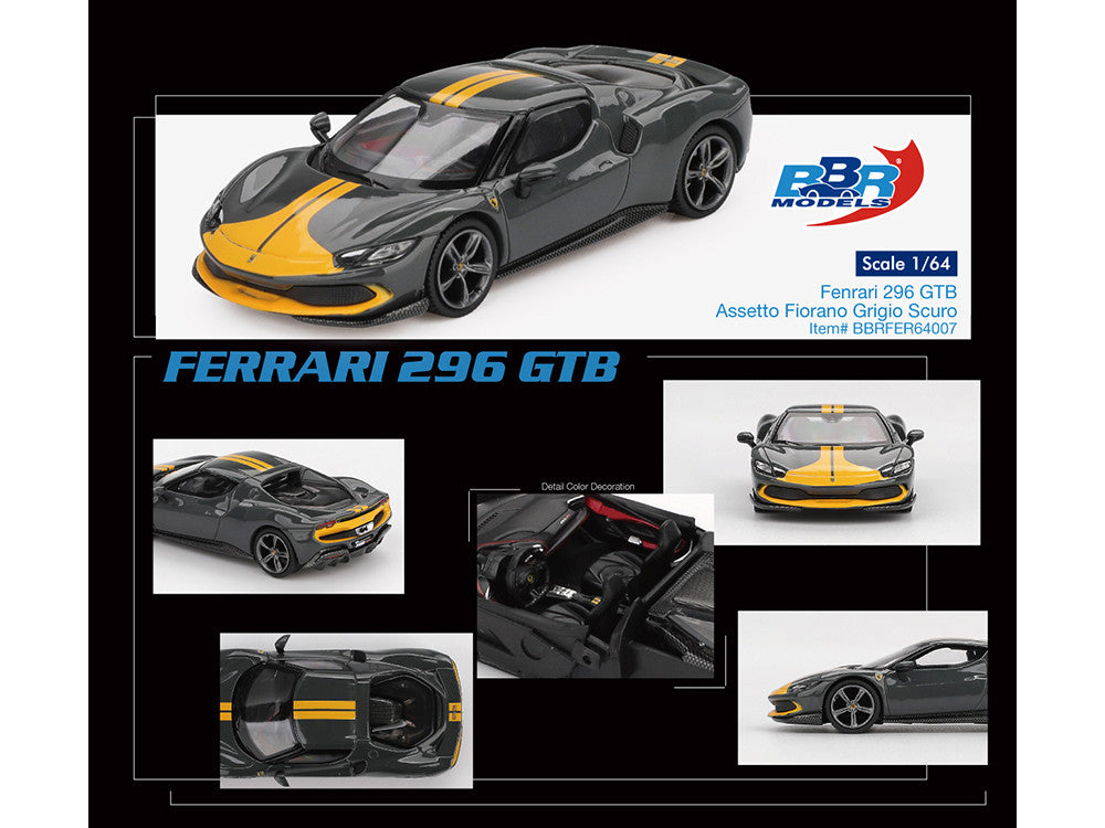 Ferrari 296 GTB Assetto Fiorano Grigio Scuro (Dark Gray) with Yellow Stripes 1/64 Diecast Model Car by BBR-2