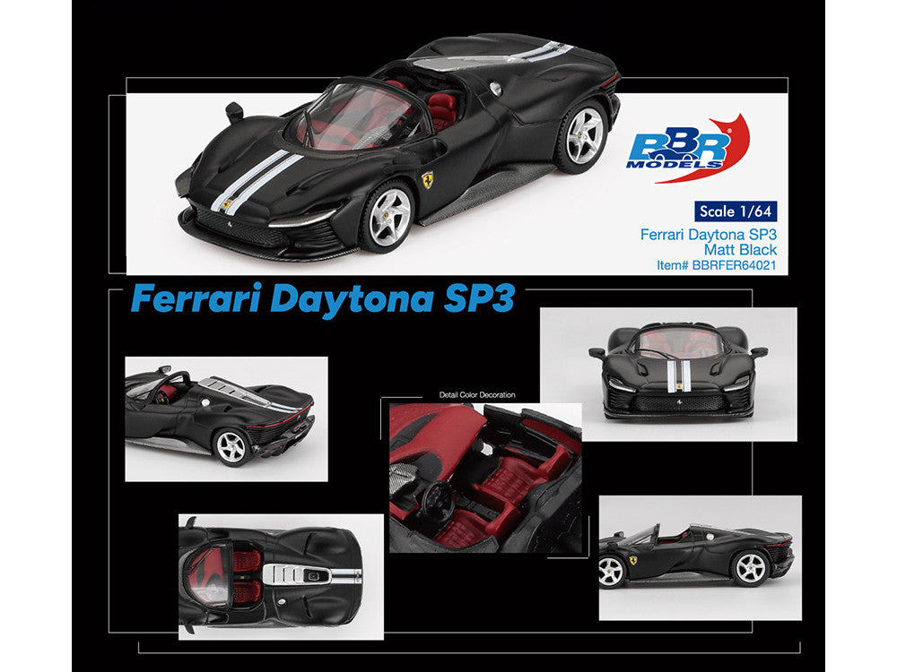 Ferrari Daytona SP3 Matt Black with White Stripes and Red Interior 1/64 Diecast Model Car by BBR BBR
