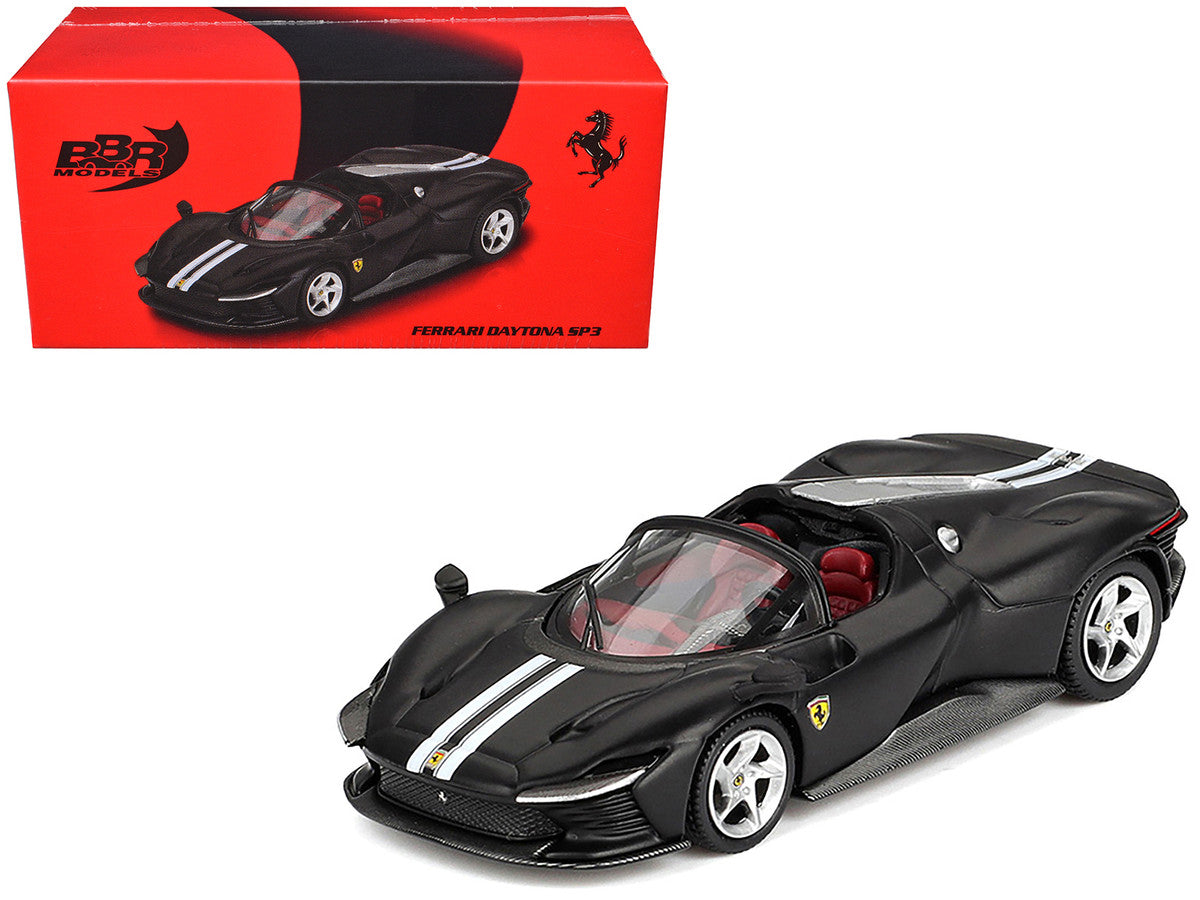 Ferrari Daytona SP3 Matt Black with White Stripes and Red Interior 1/64 Diecast Model Car by BBR BBR