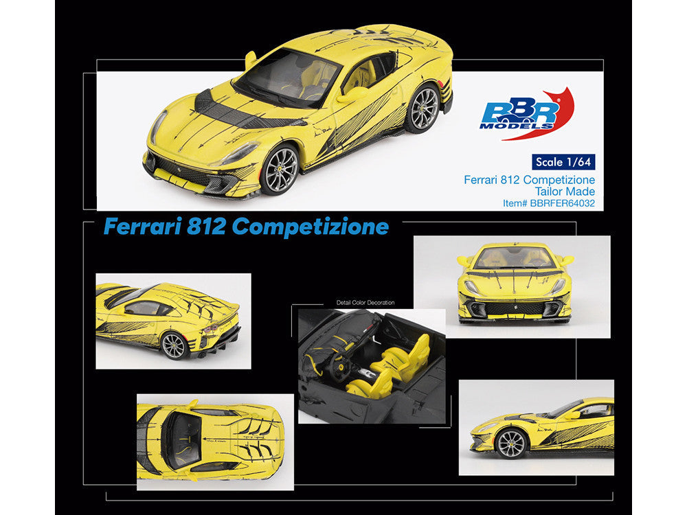 Ferrari 812 Competizione Matt Yellow with Graphics and Yellow Interior "Tailor Made" 1/64 Diecast Model Car by BBR BBR