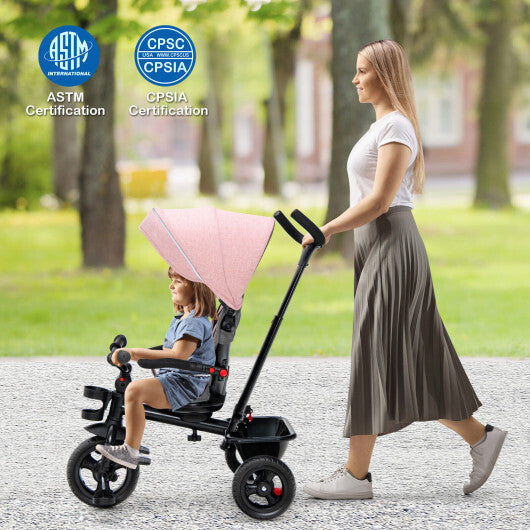 4-in-1 Baby Tricycle Toddler Trike with Convertible Seat-Pink - Color: Pink W2B