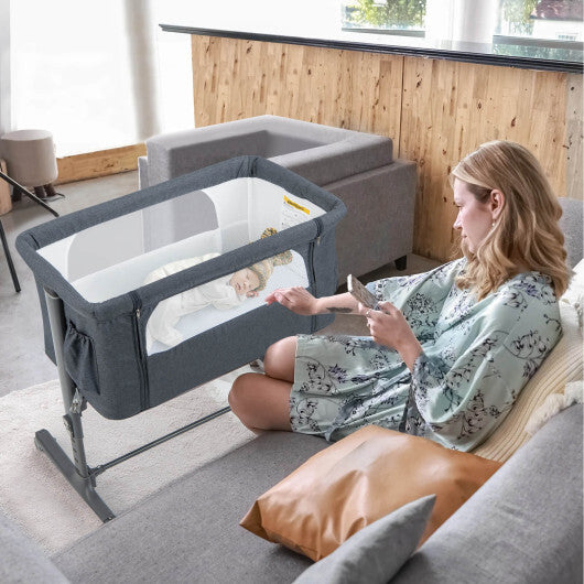 Portable Baby Bedside Bassinet with 5-level Adjustable Heights and Travel Bag-Gray - Color: Gray W2B