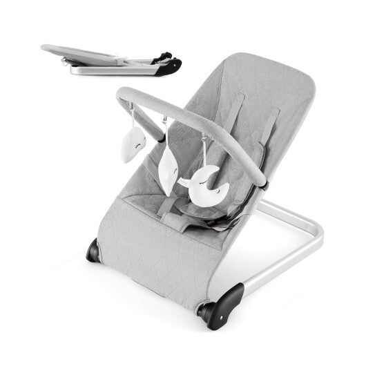 Foldable Baby Bouncer with Removable Fabric Cover and Toy Bar-Gray W2B
