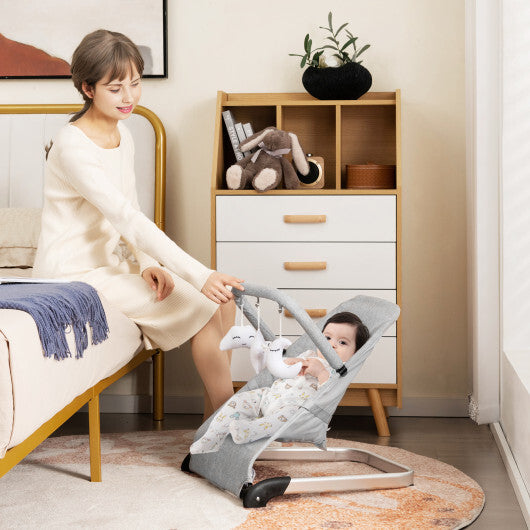 Foldable Baby Bouncer with Removable Fabric Cover and Toy Bar-Gray W2B