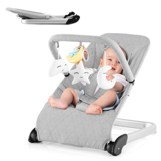Foldable Baby Bouncer with Removable Fabric Cover and Toy Bar-Gray W2B