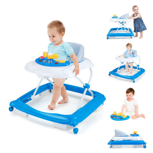 Foldable Baby Walker with 3 Adjustable Heights and Padded Seat-Blue W2B