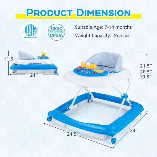Foldable Baby Walker with 3 Adjustable Heights and Padded Seat-Blue W2B