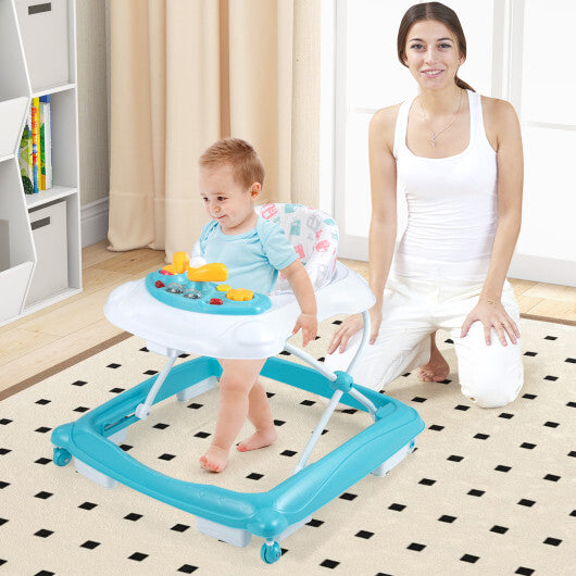 Foldable Baby Walker with 3 Adjustable Heights and Padded Seat-Blue W2B