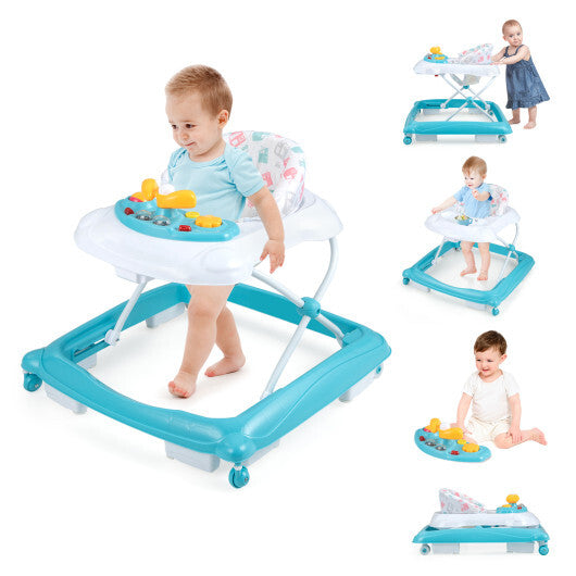 Foldable Baby Walker with 3 Adjustable Heights and Padded Seat-Blue W2B