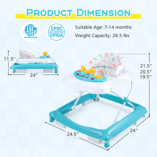 Foldable Baby Walker with 3 Adjustable Heights and Padded Seat-Blue W2B