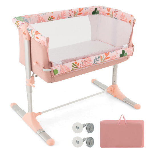 Folding Baby Bassinet Bedside Sleeper with 4 Adjustable Heights-Pink W2B