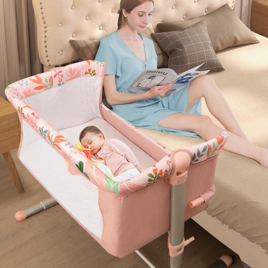 Folding Baby Bassinet Bedside Sleeper with 4 Adjustable Heights-Pink W2B