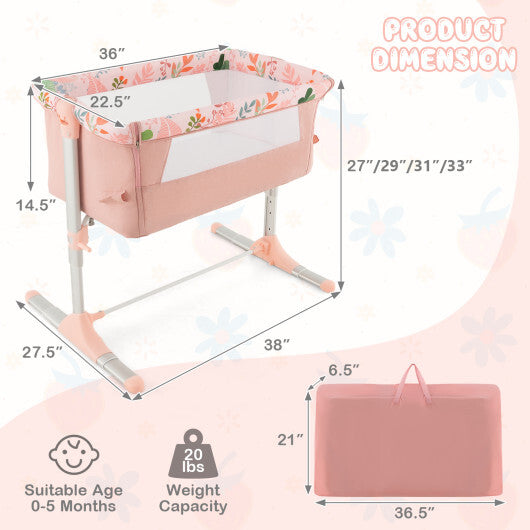 Folding Baby Bassinet Bedside Sleeper with 4 Adjustable Heights-Pink W2B