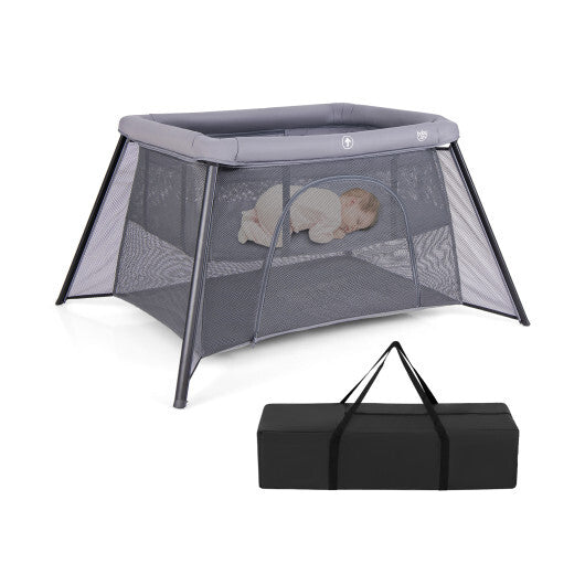 2-in-1 Portable Baby Playpen with Safety Enclosure and Padded Mattress-Dark Gray W2B