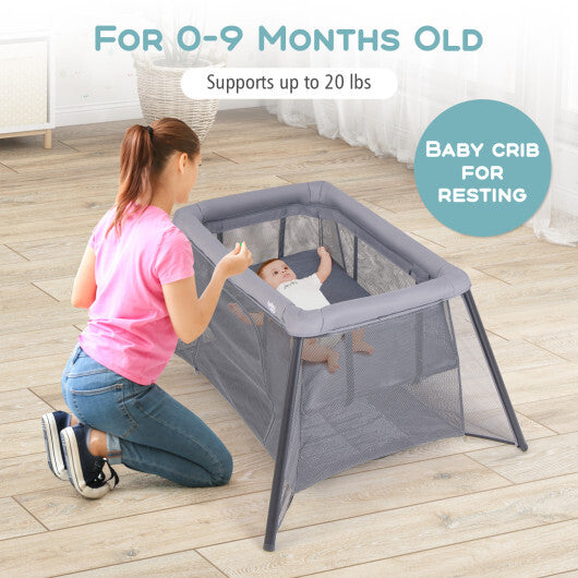 2-in-1 Portable Baby Playpen with Safety Enclosure and Padded Mattress-Dark Gray W2B