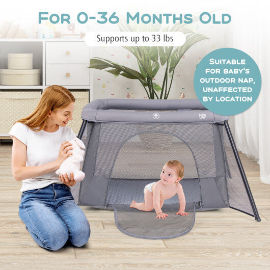2-in-1 Portable Baby Playpen with Safety Enclosure and Padded Mattress-Dark Gray W2B