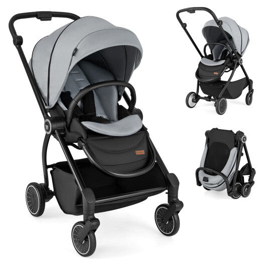 Foldable Infant Pram Stroller with Reversible Seat Reclining Backrest-Black