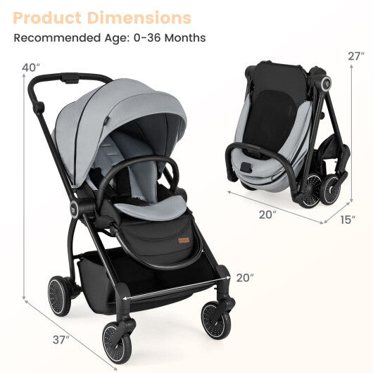 Foldable Infant Pram Stroller with Reversible Seat Reclining Backrest-Black