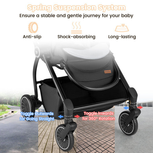 Foldable Infant Pram Stroller with Reversible Seat Reclining Backrest-Black