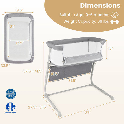 Baby Bassinet Bedside Crib with Adjustable Height Comfy Mattress-Gray