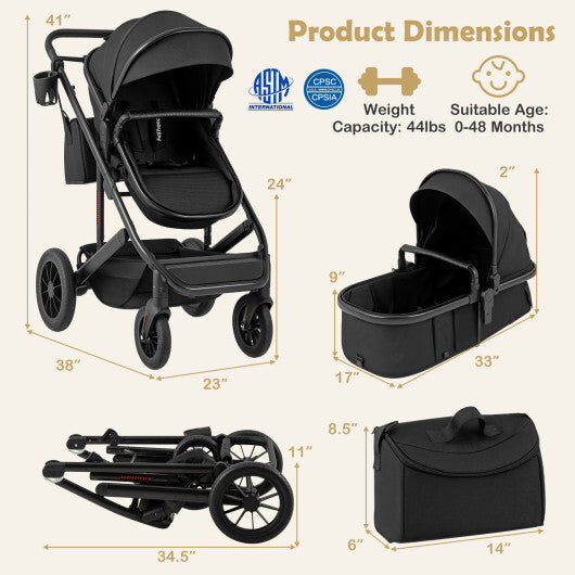3-in-1 Folding Convertible Newborn Stroller with Detachable Bassinet-Black W2B