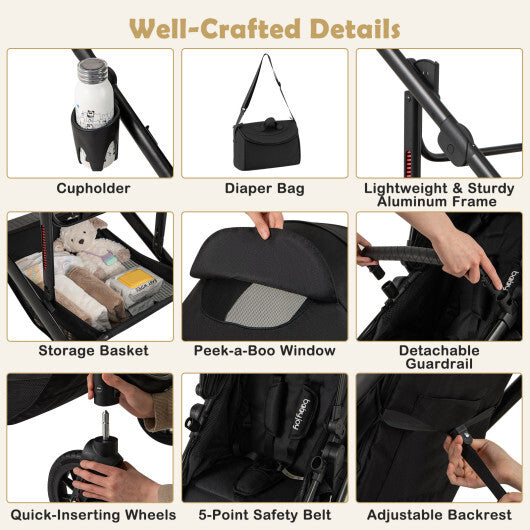 3-in-1 Folding Convertible Newborn Stroller with Detachable Bassinet-Black W2B