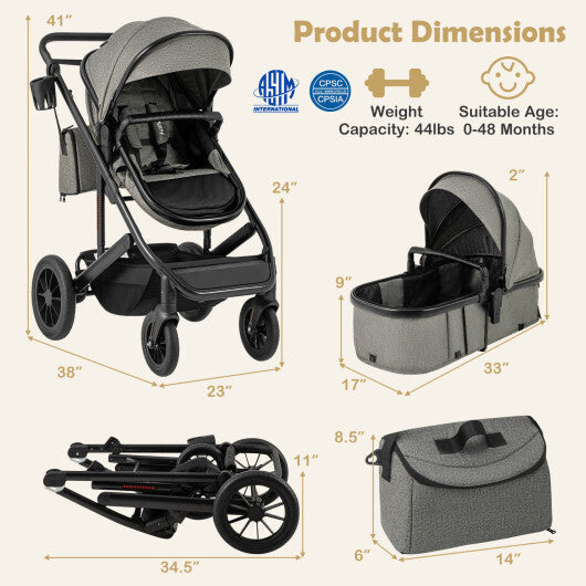 3-in-1 Folding Convertible Newborn Stroller with Detachable Bassinet-Black W2B