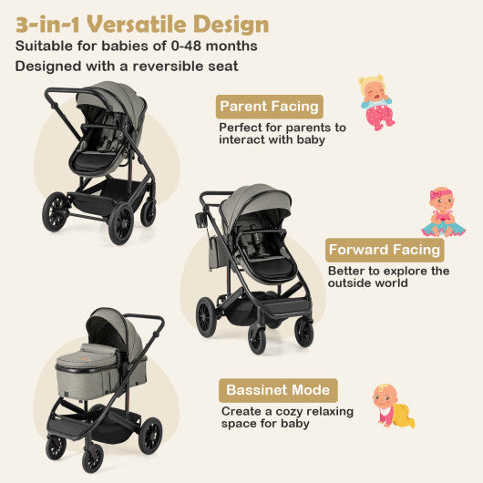 3-in-1 Folding Convertible Newborn Stroller with Detachable Bassinet-Black W2B