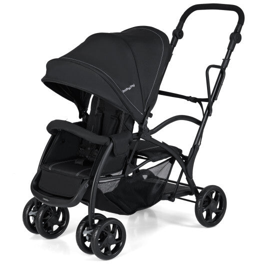Foldable Twin Tandem Stroller Sit and Stand Double Stroller with Adjustable Handle Bar-Black