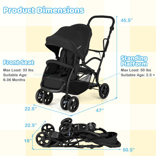 Foldable Twin Tandem Stroller Sit and Stand Double Stroller with Adjustable Handle Bar-Black