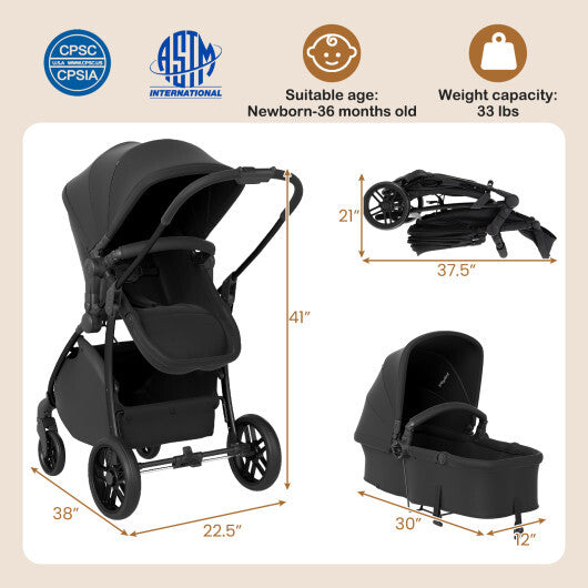 2-in-1 Baby Stroller with Bassinet Mode and Reversible Seat-Black W2B
