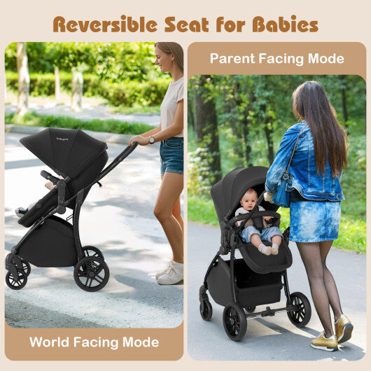 2-in-1 Baby Stroller with Bassinet Mode and Reversible Seat-Black W2B