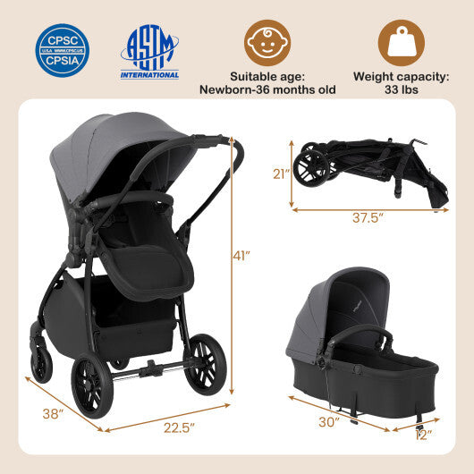 2-in-1 Baby Stroller with Bassinet Mode and Reversible Seat-Black W2B