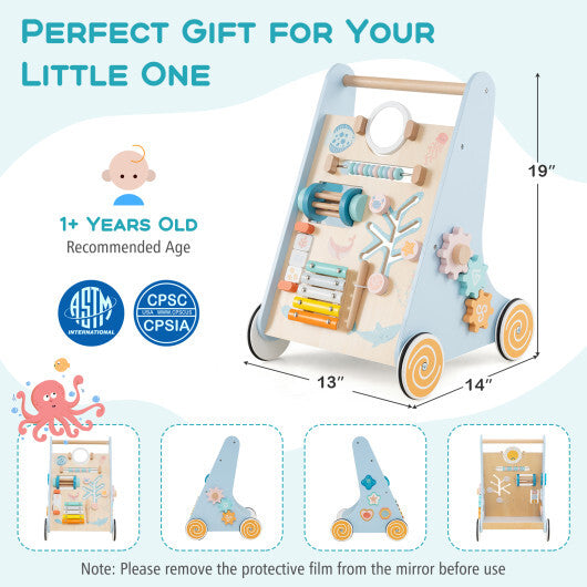 Wooden Baby Walker Push and Pull Learning Activity Center with Wheels-Blue