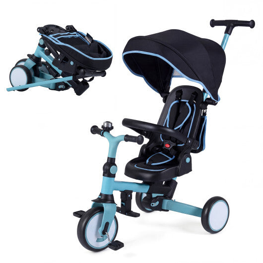 8-in-1 Folding Kids Tricycle with Removable Canopy and Push Handle-Blue W2B