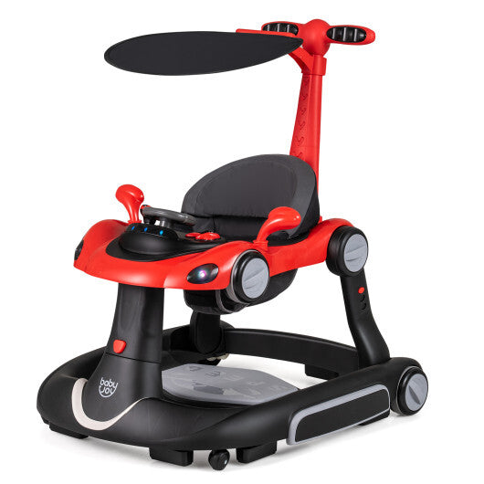 6-in-1 Baby Walker with Canopy Portable Activity Center Bouncer Rocker Combo with Music-Red - Color: Red W2B