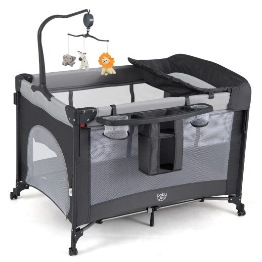 5 in 1 Portable Baby Pack and Play with Music Box and Hanging Toys-Black W2B