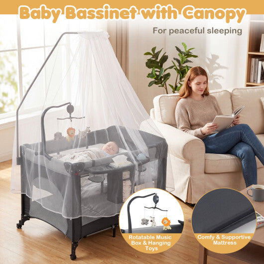 5 in 1 Portable Baby Pack and Play with Music Box and Hanging Toys-Black W2B