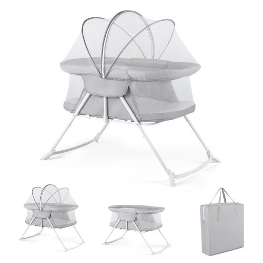 2 in 1 Baby Bassinet with Rocking Motion Foldable Bedside Sleeper with Breathable Mesh-Grey W2B