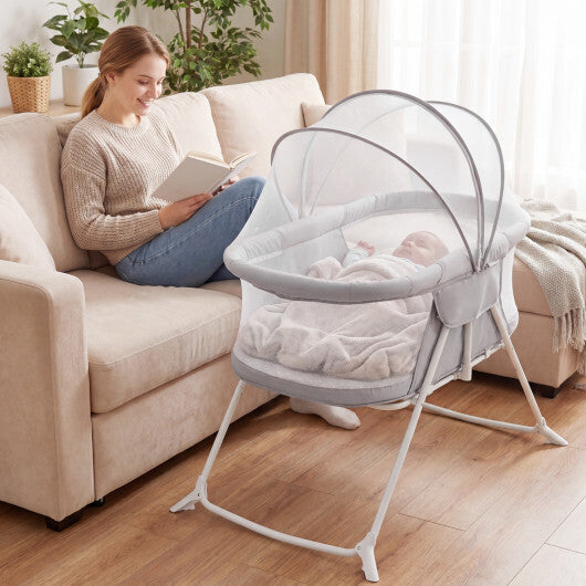 2 in 1 Baby Bassinet with Rocking Motion Foldable Bedside Sleeper with Breathable Mesh-Grey W2B