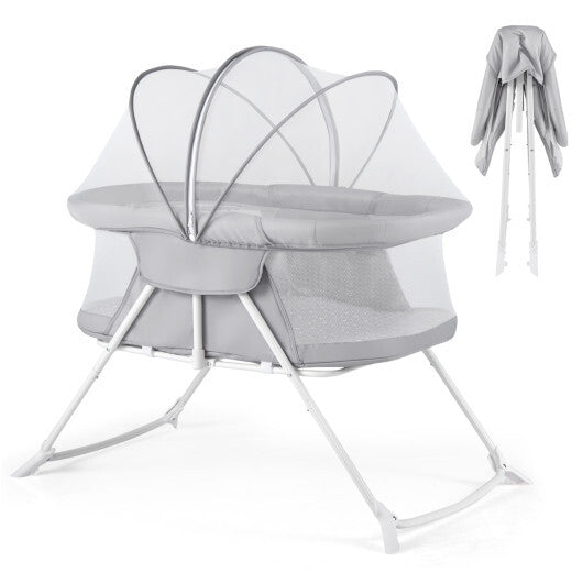 2 in 1 Baby Bassinet with Rocking Motion Foldable Bedside Sleeper with Breathable Mesh-Grey W2B