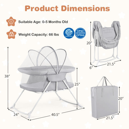 2 in 1 Baby Bassinet with Rocking Motion Foldable Bedside Sleeper with Breathable Mesh-Grey W2B