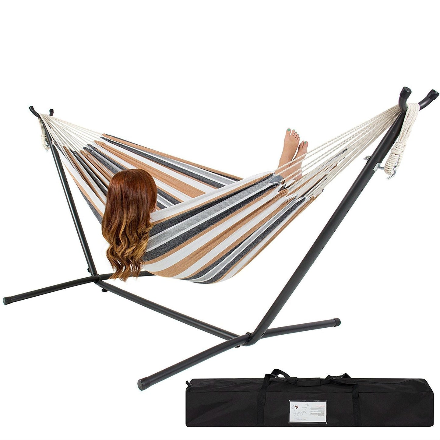 Portable Cotton Hammock in Desert Strip with Metal Stand and Carry Case FastFurnishings