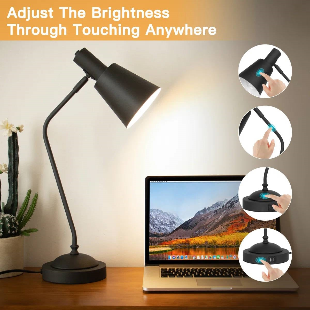 Black Gooseneck Dimmable Table Lamp Desk Light with Touch Control and USB-2