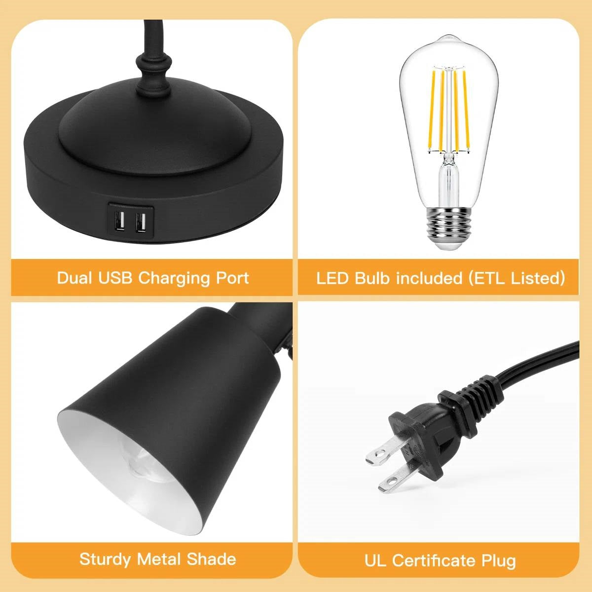 Black Gooseneck Dimmable Table Lamp Desk Light with Touch Control and USB-3